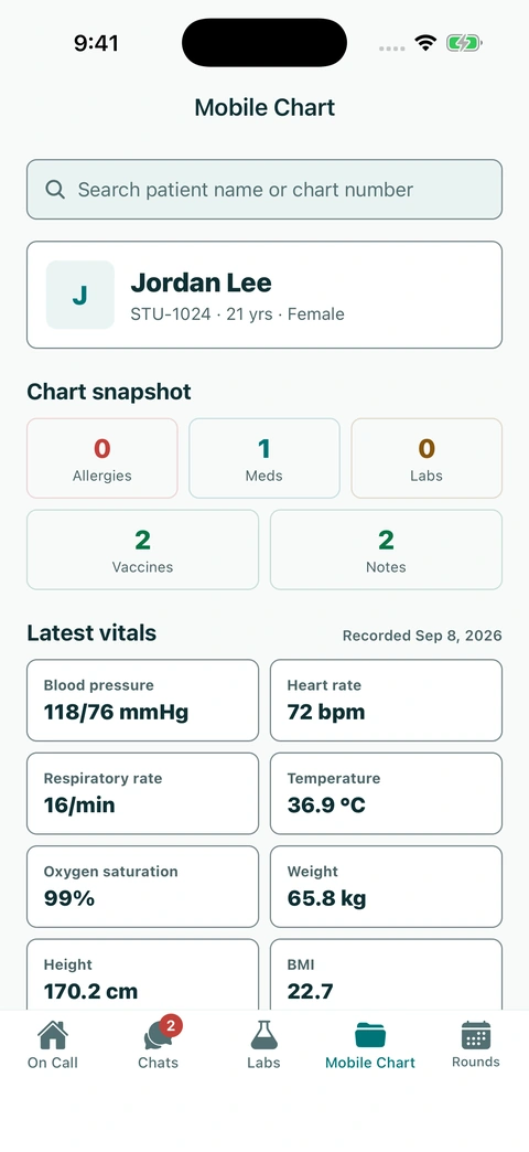 The OzOnCall provider app showing a student’s chart summary, medications, vaccines, notes, and latest vital signs. Sample data.