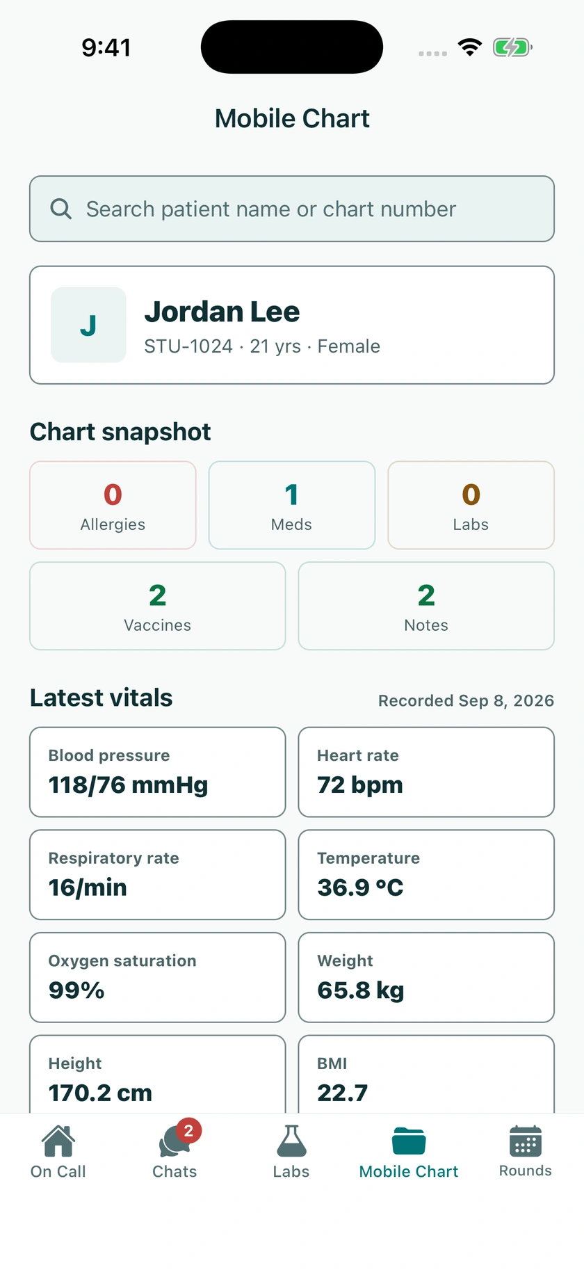 Actual OzOnCall app showing a sample student chart, chart snapshot, and latest vitals.