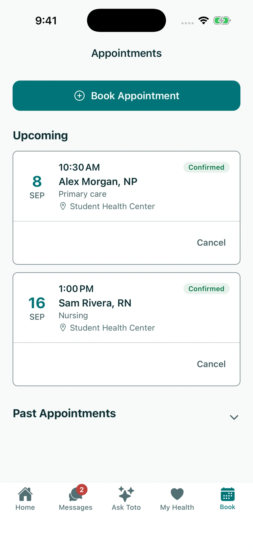 Actual OzEHR app showing two upcoming appointments with sample clinicians at the Student Health Center.
