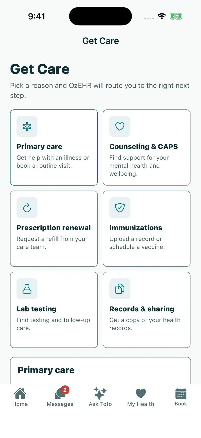 Actual OzEHR app showing primary care, counseling and CAPS, refills, immunizations, testing, and records with sample campus services.
