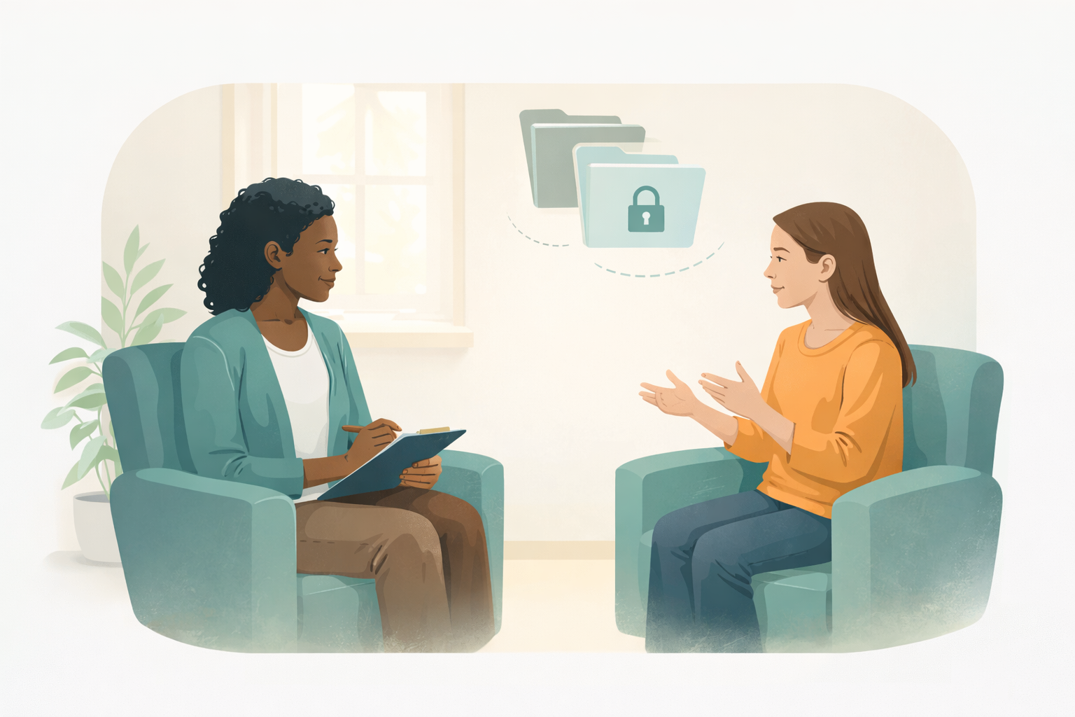 Talk therapy session in a calm counseling room.