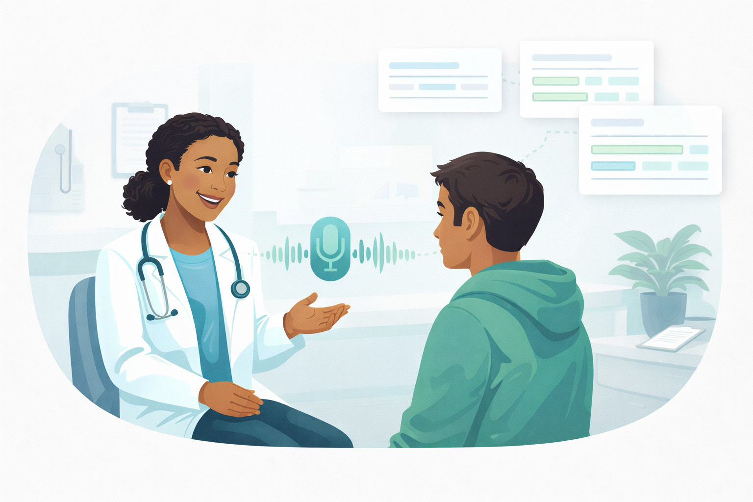 Clinician meeting with a student while an AI-assisted scribe captures notes.
