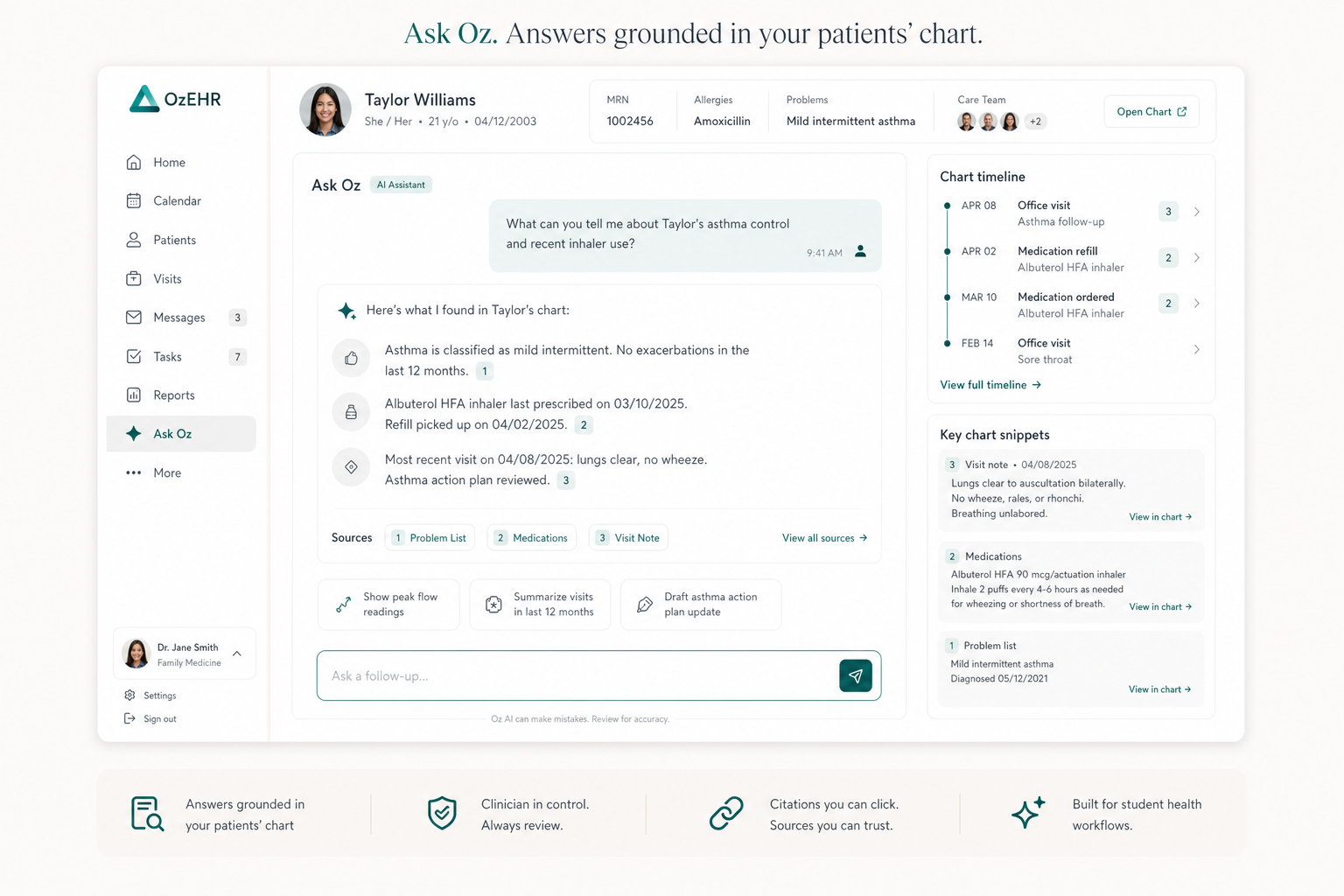 Ask Oz answering a clinician question with chart-grounded citations and linked snippets.