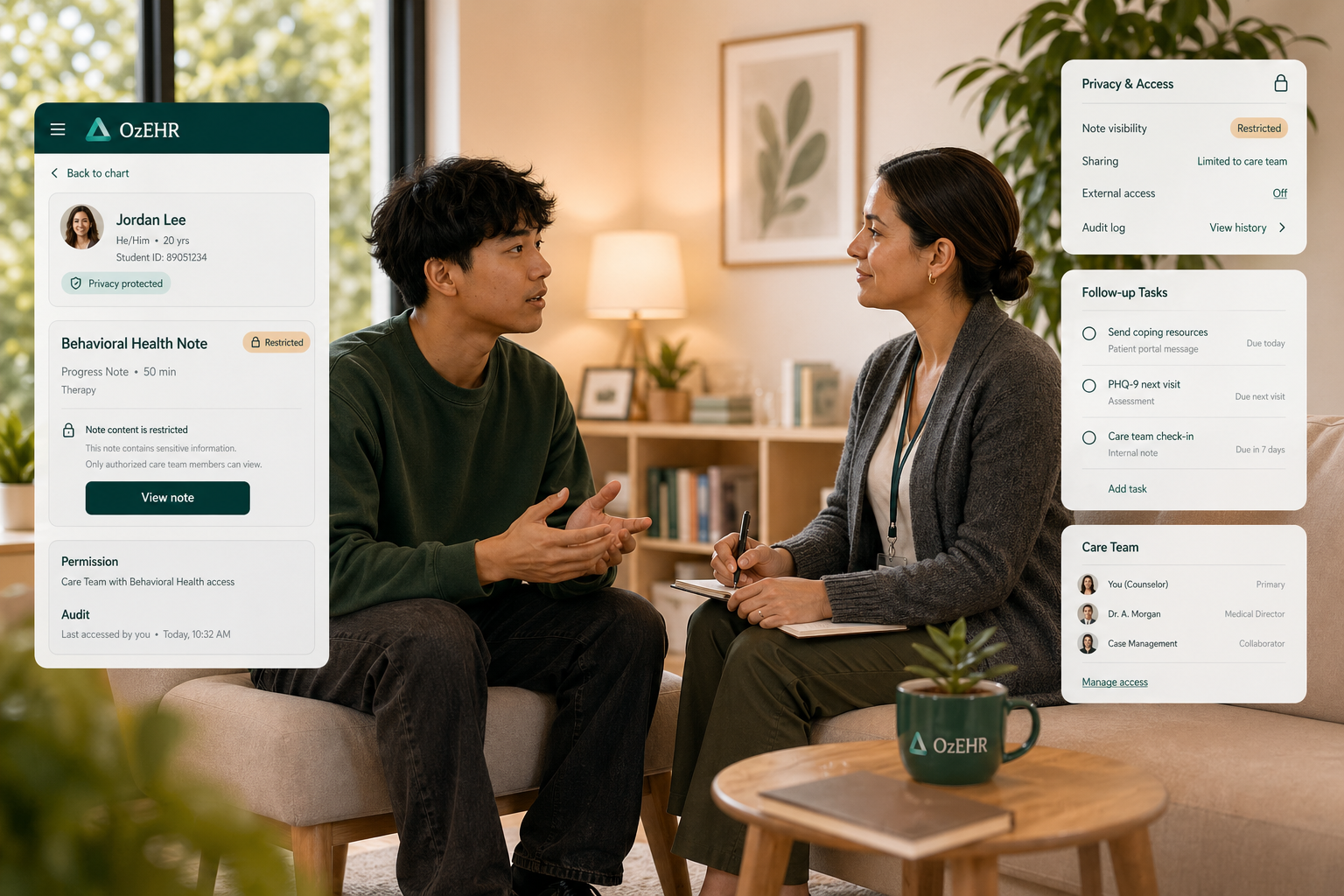 Counseling session with privacy-aware ozehr note access and follow-up workflows.