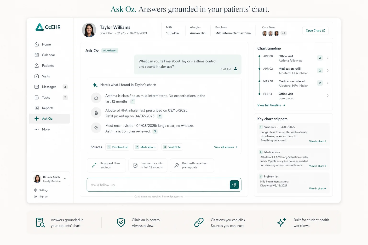Ask Oz answering a clinician question with chart-grounded citations and linked snippets.
