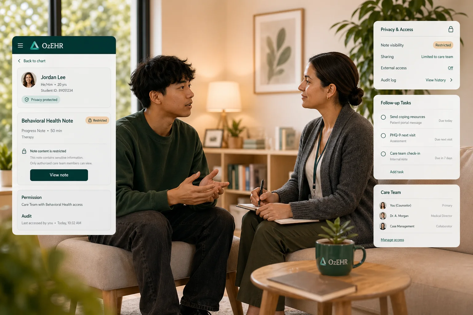 Counseling session with privacy-aware ozehr note access and follow-up workflows.
