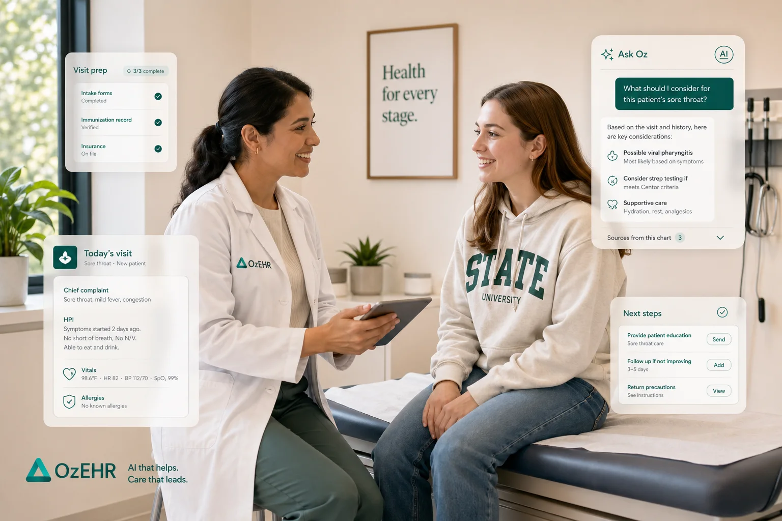 Student health clinician and patient with ozehr visit prep and next-step overlays.