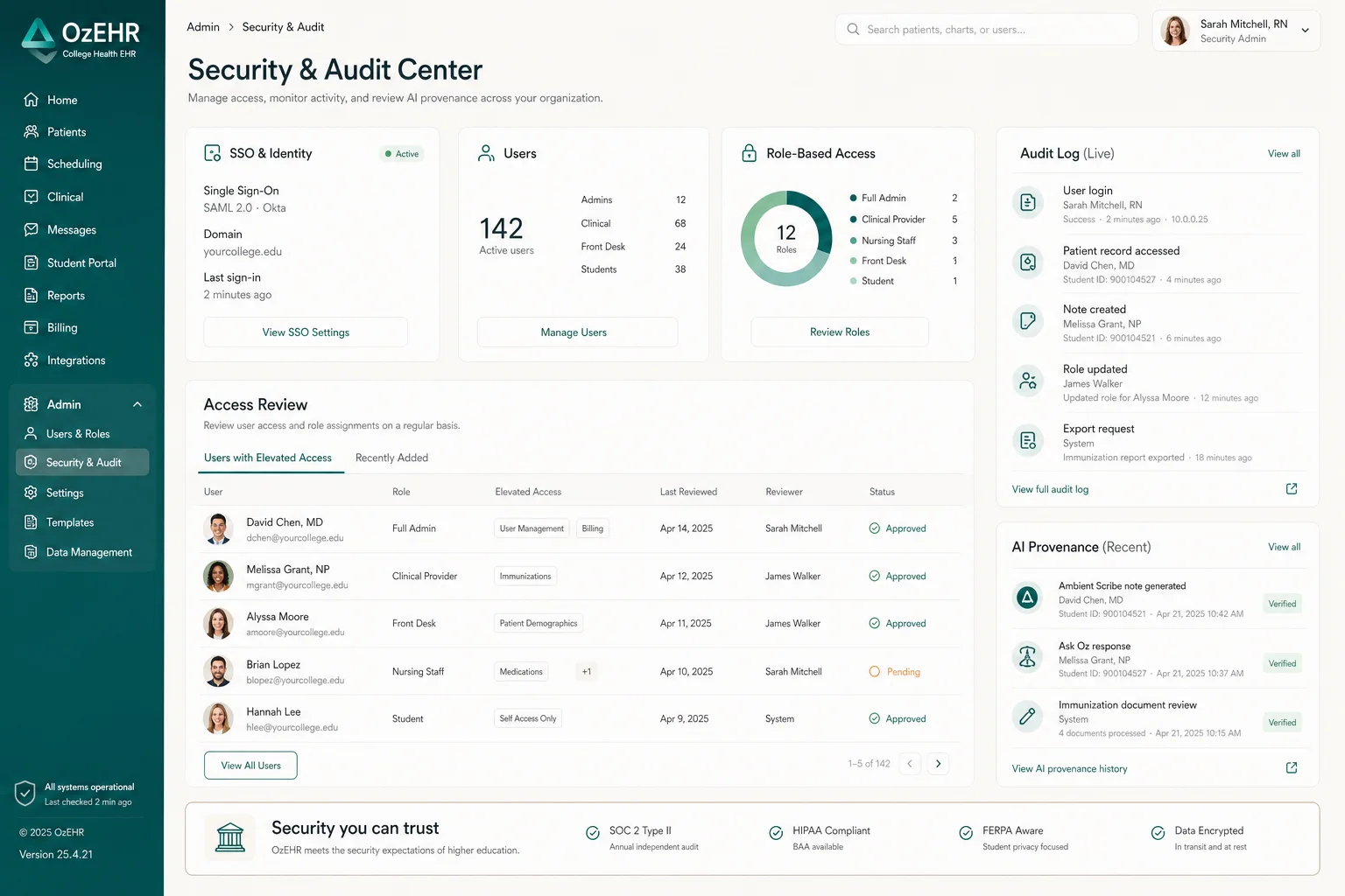 ozehr security and audit workspace with SSO, access review, and AI provenance.