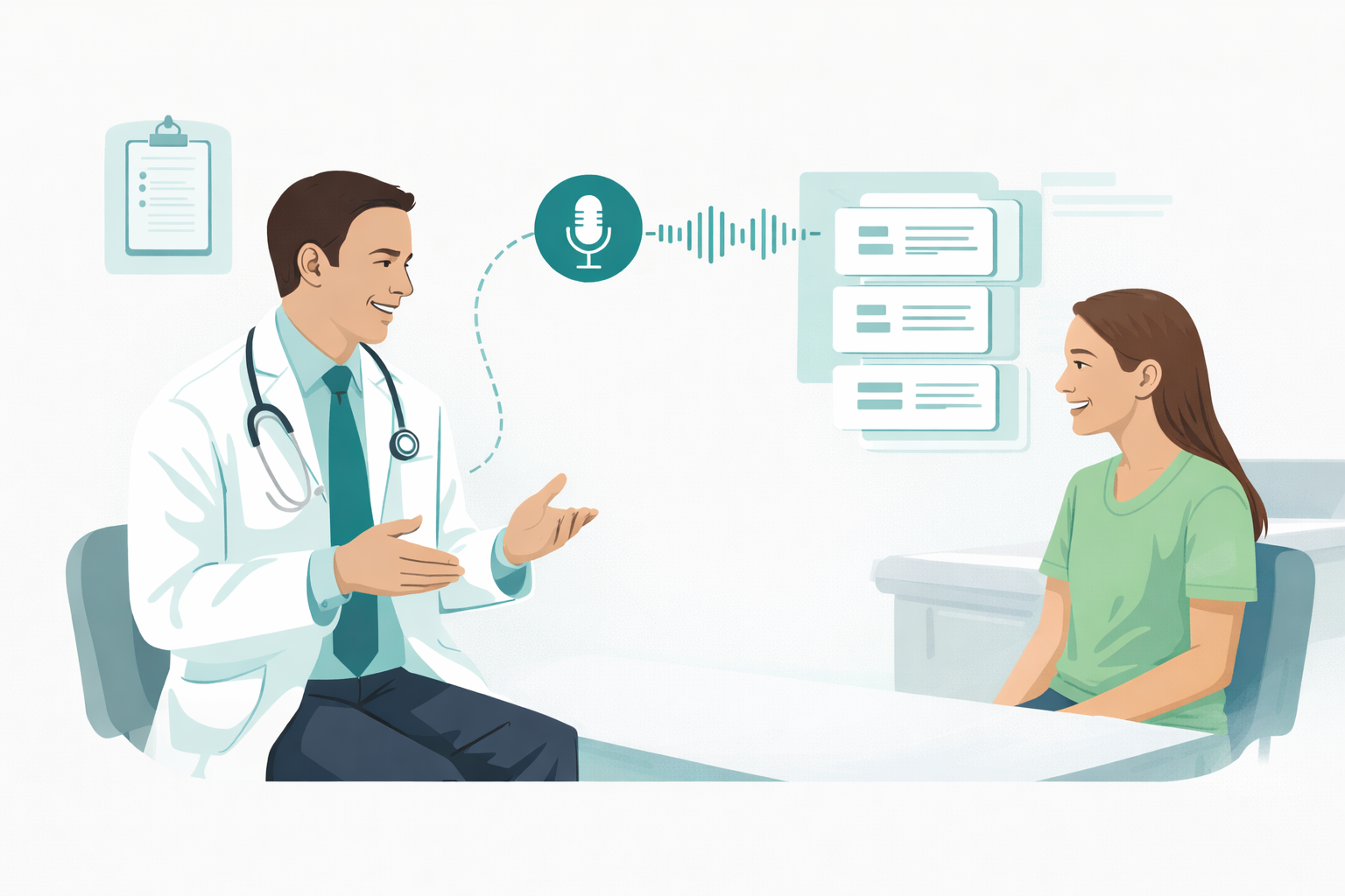 Primary care visit with an AI-assisted documentation motif.