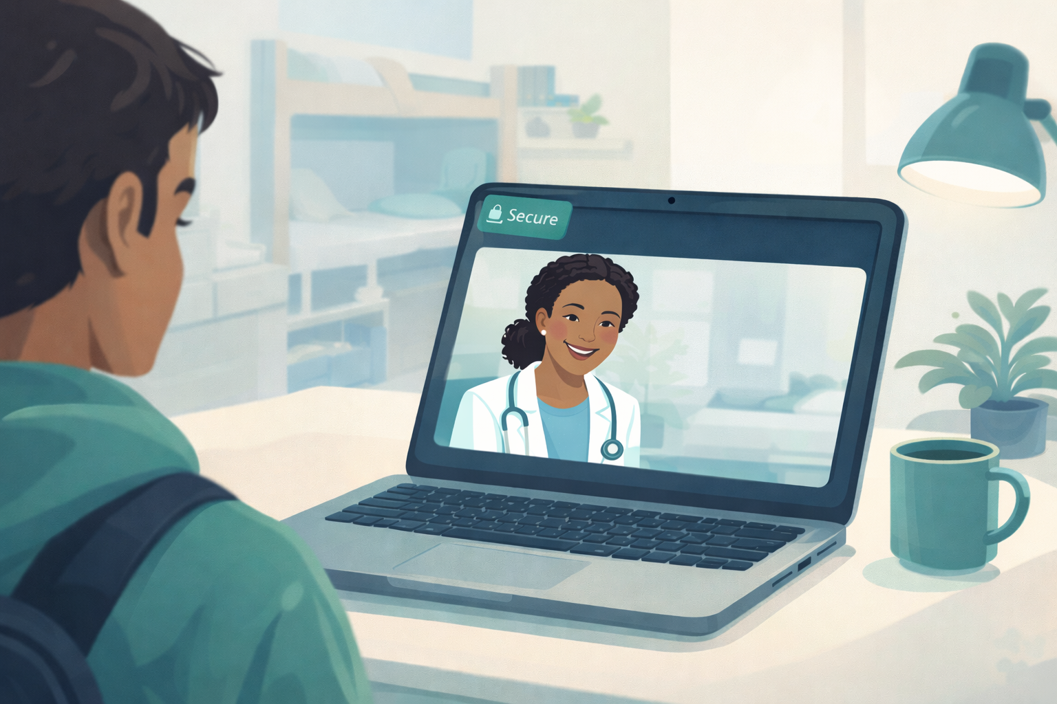 Student joining a secure telehealth visit on a laptop.