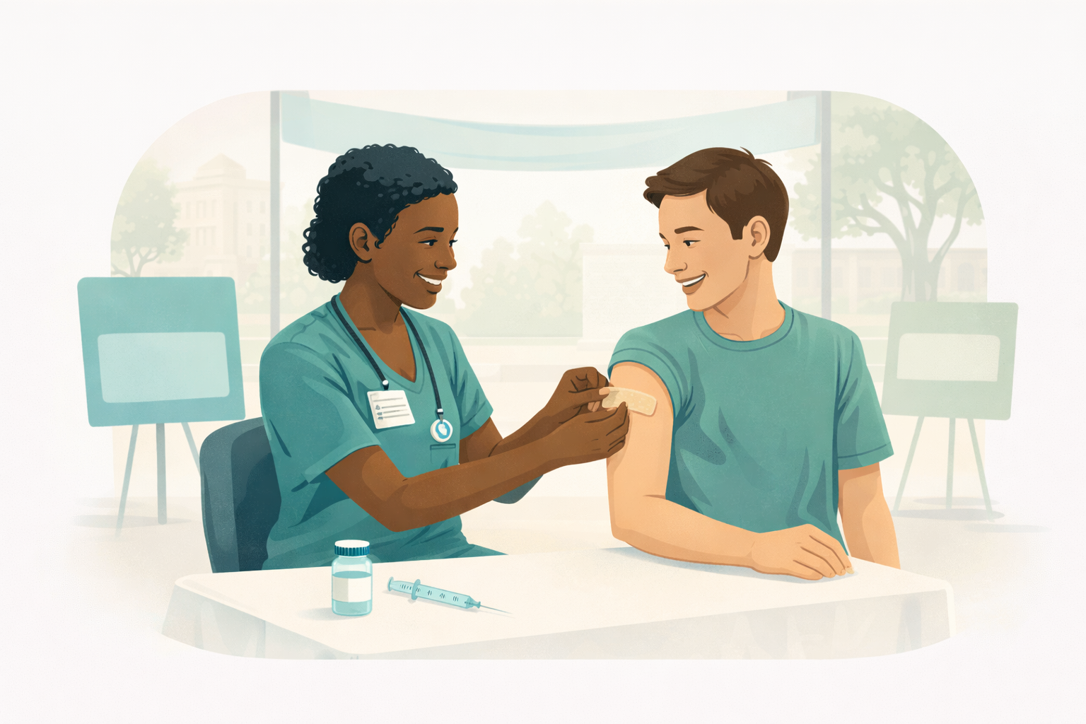 Clinician applying a bandage to a student after a vaccination.