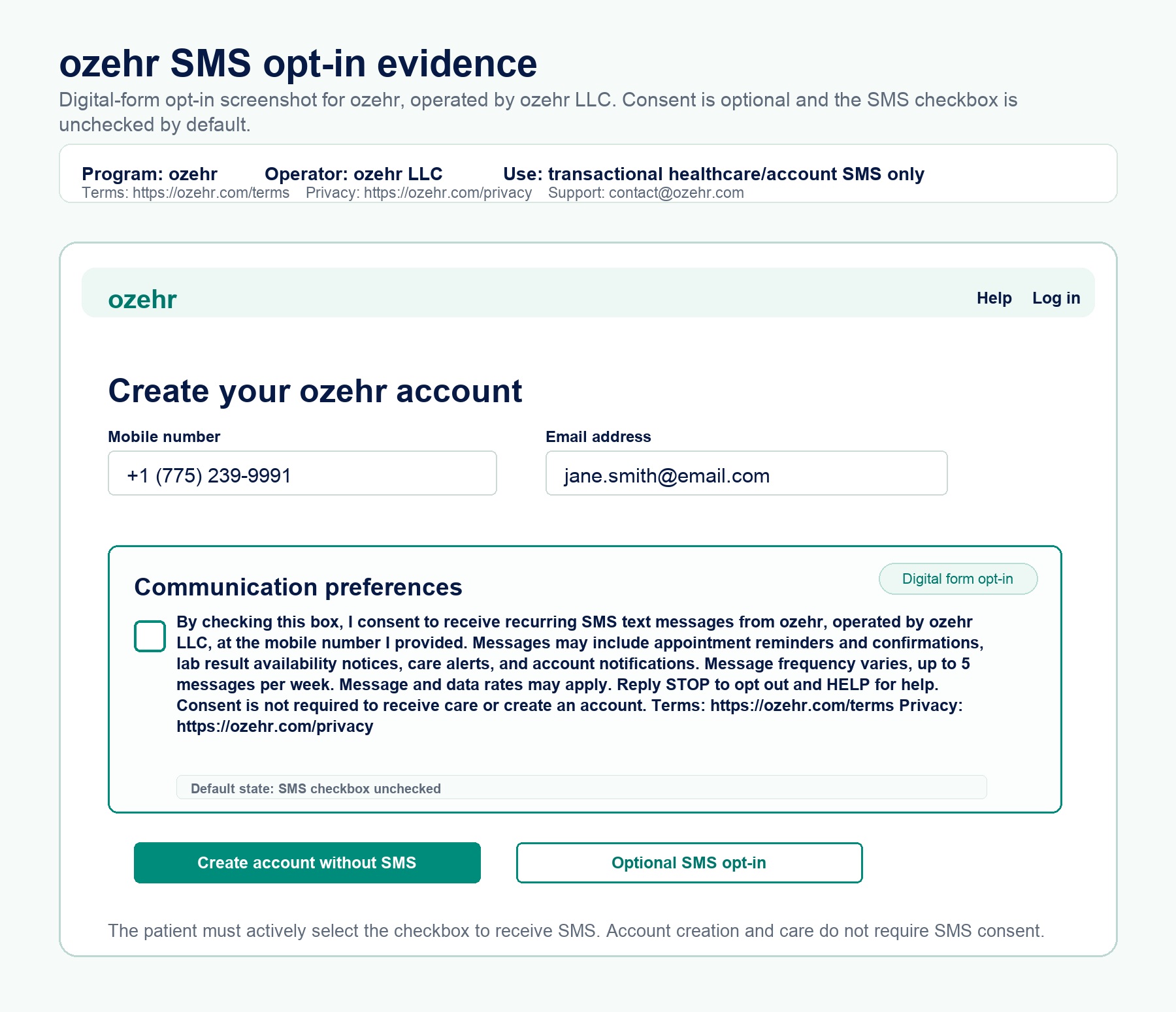 ozehr account setup screen showing an unchecked SMS opt-in checkbox with consent language, Terms, Privacy, STOP, HELP, and message frequency.