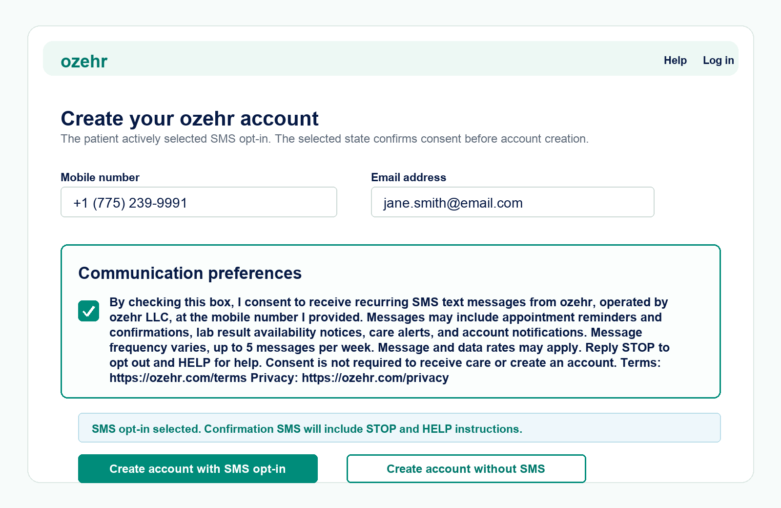 ozehr SMS opt-in checkbox selected before account creation.