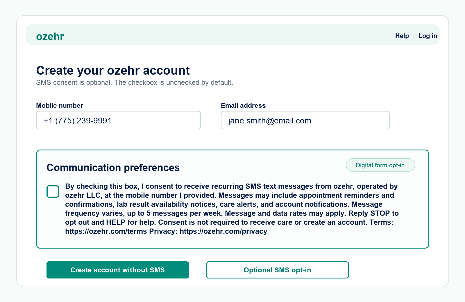 ozehr SMS opt-in checkbox unchecked by default.
