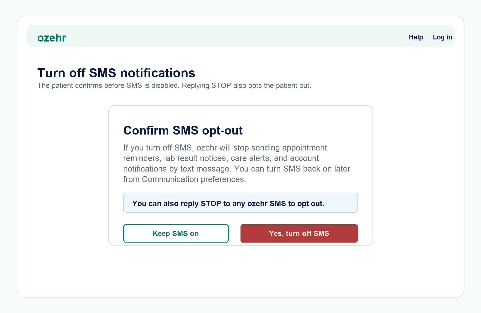 ozehr SMS opt-out confirmation.