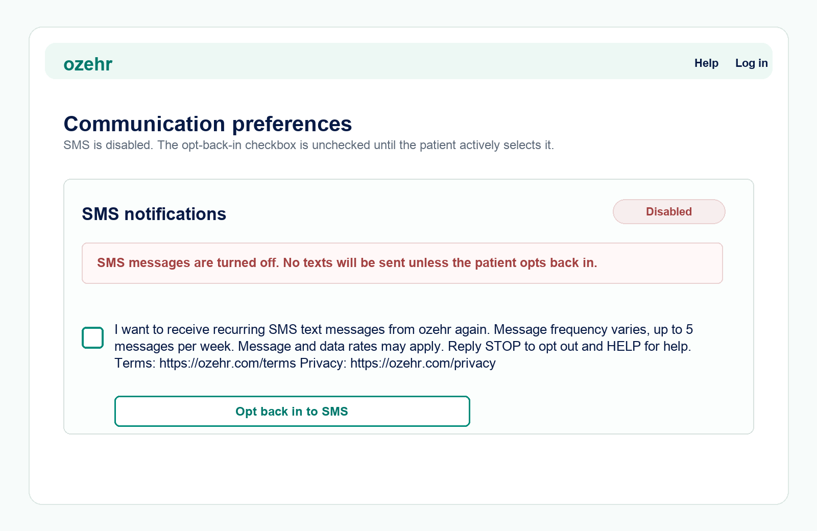 ozehr SMS opted-out state with unchecked opt-back-in control.