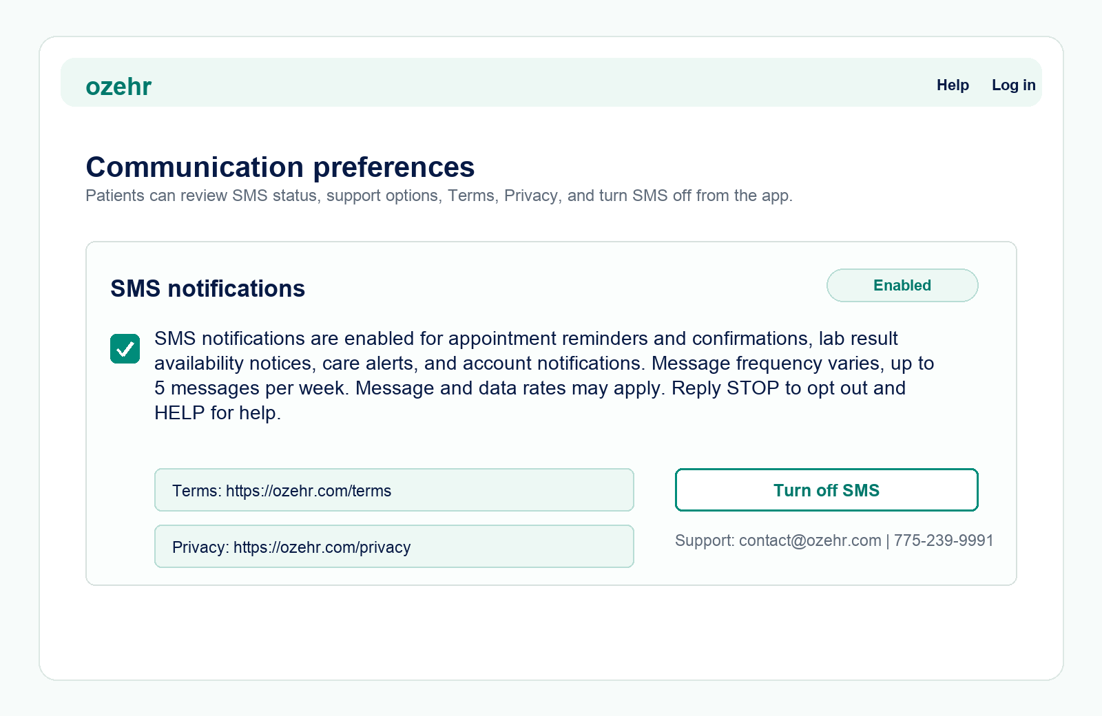 ozehr Communication preferences showing SMS enabled.