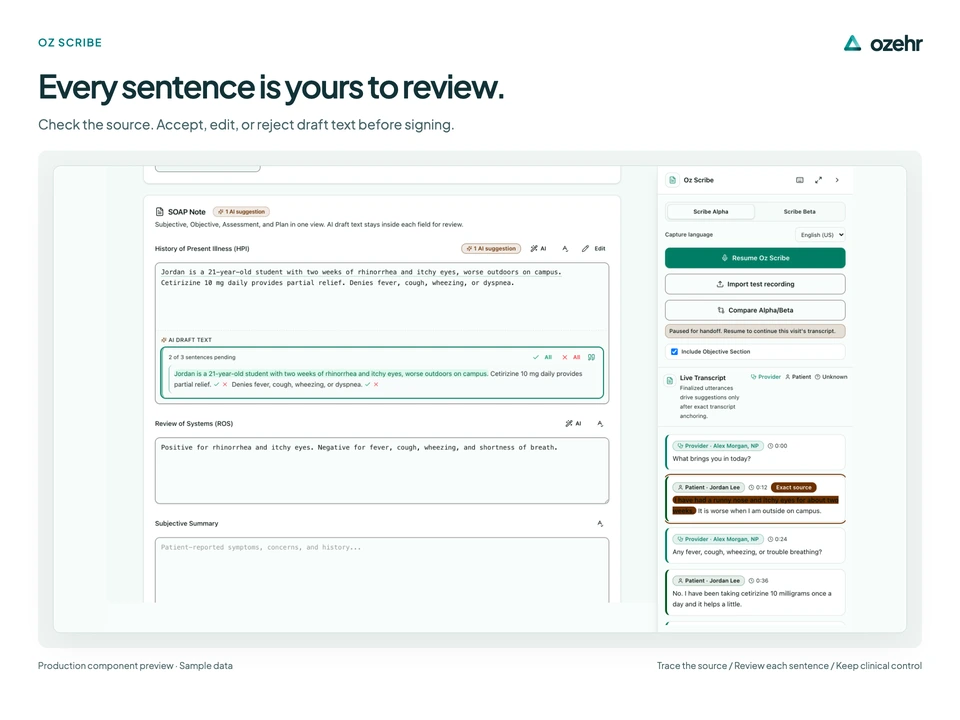 Every sentence is yours to review. Check the source. Accept, edit, or reject draft text before signing. Sample data.
