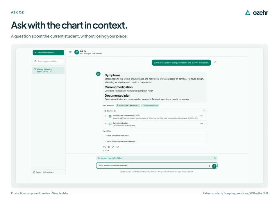 Ask with the chart in context. A question about the current student, without losing your place. Sample data.