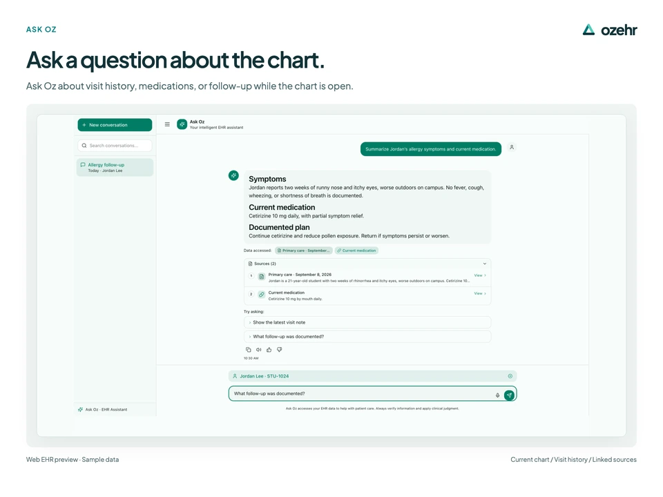 Ask a question about the chart. Ask Oz about visit history, medications, or follow-up while the chart is open. Sample data.