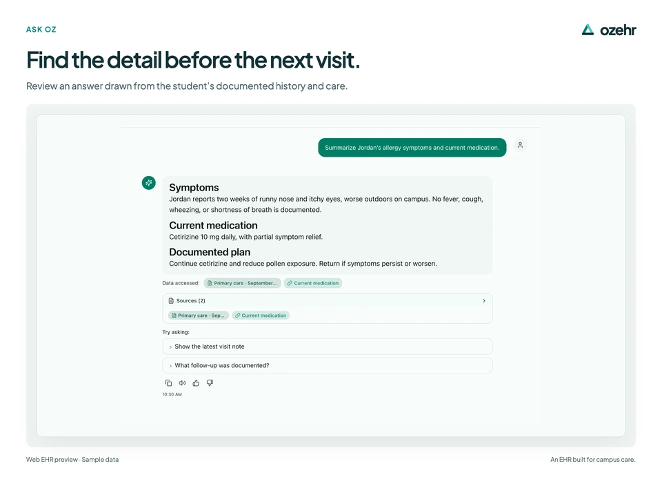 Find the detail before the next visit. Review an answer drawn from the student’s documented history and care. Sample data.