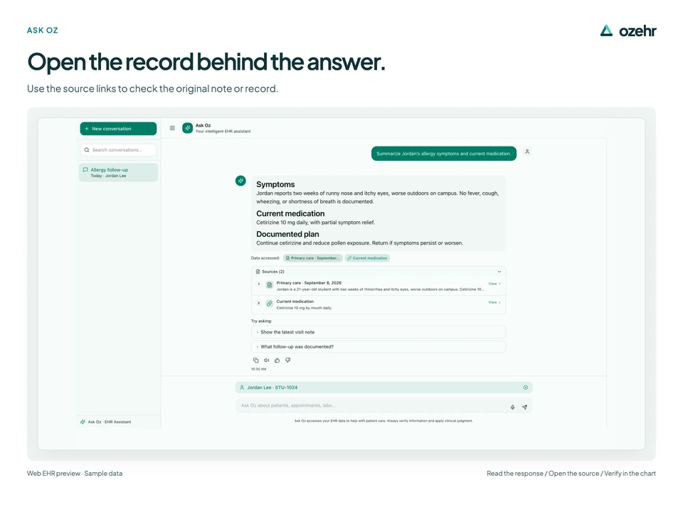 Open the record behind the answer. Use the source links to check the original note or record. Sample data.