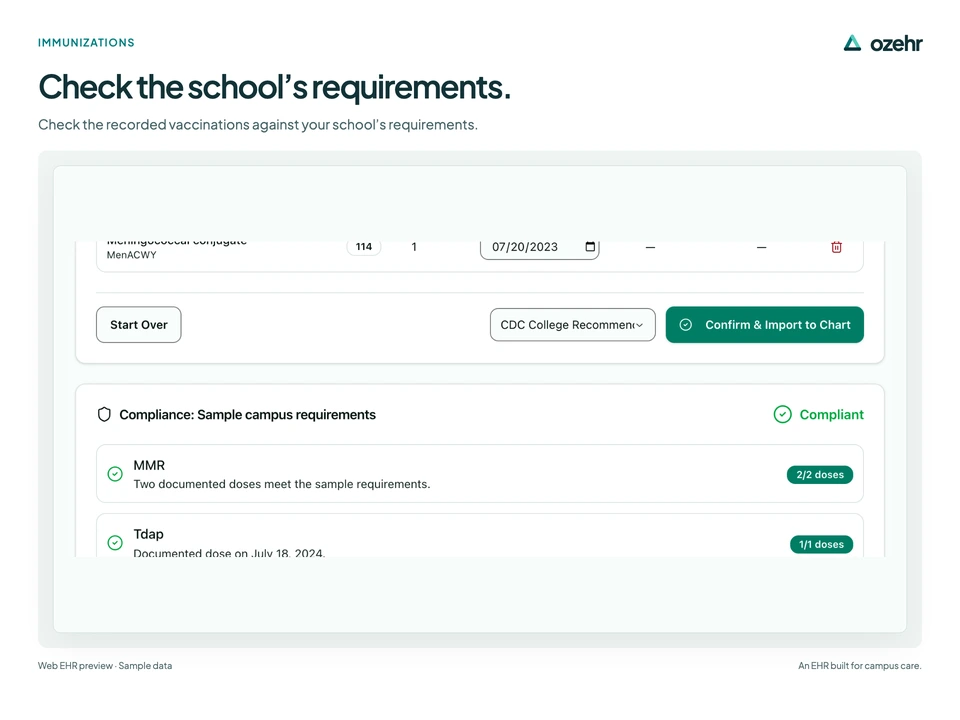 Check the school’s requirements. Check the recorded vaccinations against your school’s requirements. Sample data.