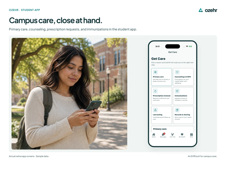 Campus care, close at hand. Primary care, counseling, prescription requests, and immunizations in the student app. Sample data.