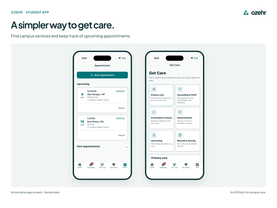 A simpler way to get care. Find campus services and keep track of upcoming appointments. Sample data.