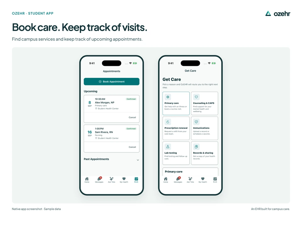 Book care. Keep track of visits. Find campus services and keep track of upcoming appointments. Sample data.