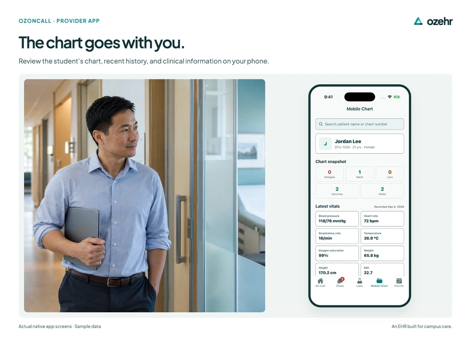 The chart goes with you. Review the student’s chart, recent history, and clinical information on your phone. Sample data.