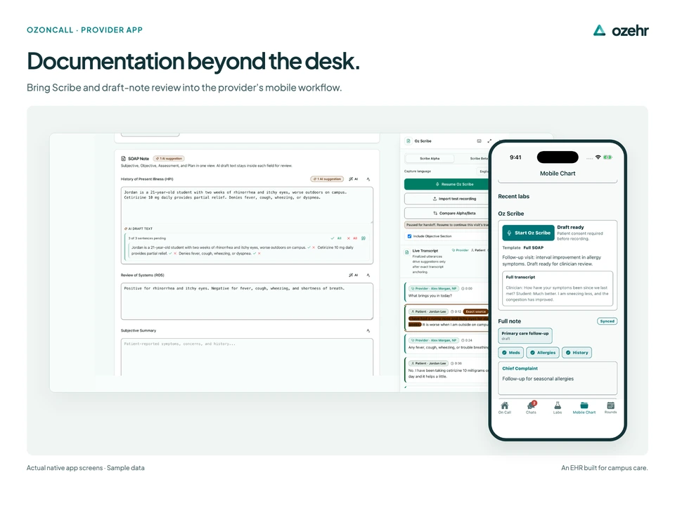 Documentation beyond the desk. Bring Scribe and draft-note review into the provider’s mobile workflow. Sample data.
