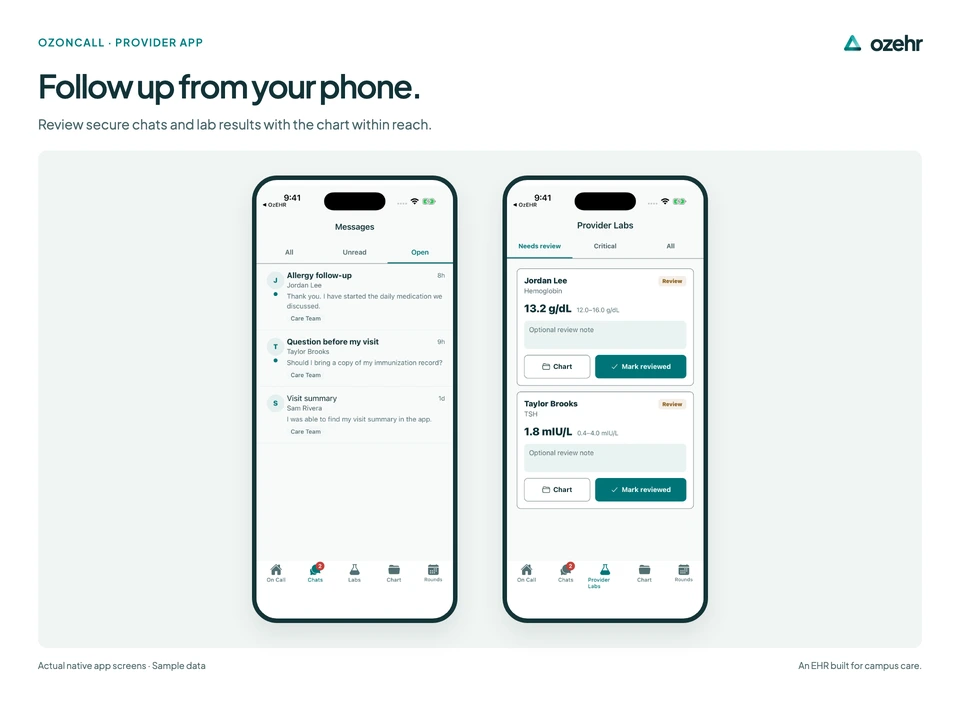 Follow up from your phone. Review secure chats and lab results with the chart within reach. Sample data.