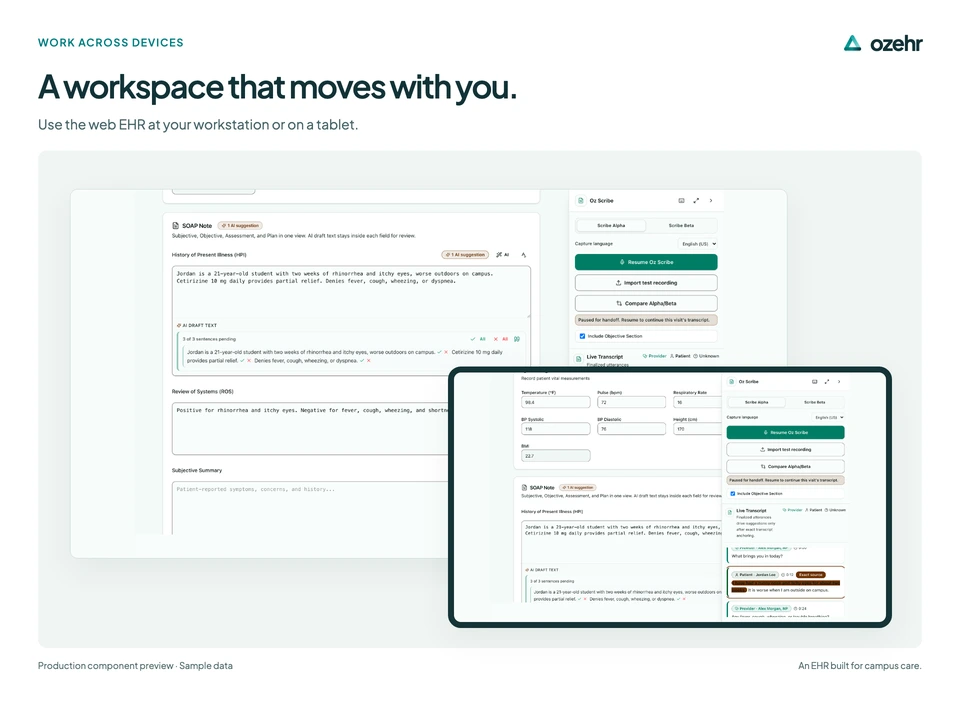 A workspace that moves with you. Use the web EHR at your workstation or on a tablet. Sample data.