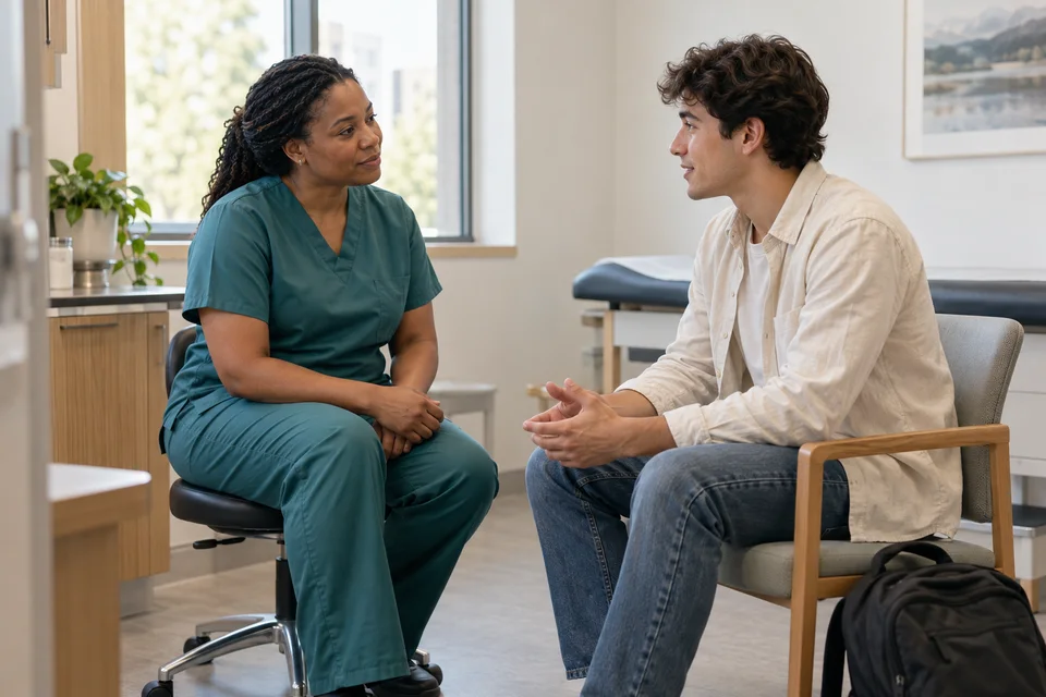 A nurse practitioner and an adult student talking in a university primary-care exam room.