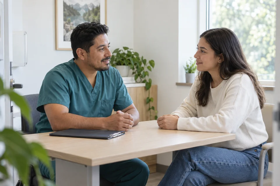 A nurse listening to an adult student during intake in a campus clinic.