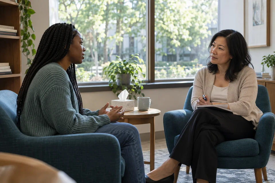 An adult student meeting with a counselor in a welcoming campus counseling office.