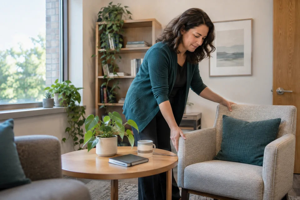 A counselor arranging a chair in a quiet university counseling office.