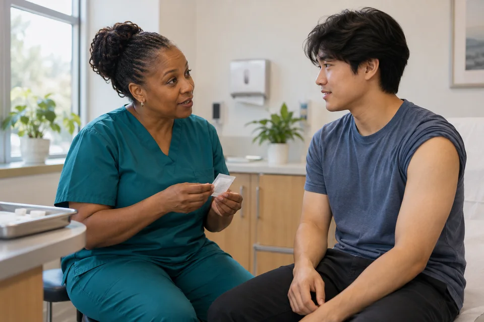 A nurse preparing an adult student for a vaccination in a campus clinic.