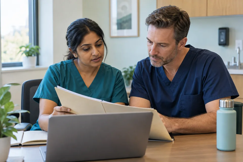 Two university health professionals reviewing information together at a clinic workstation.