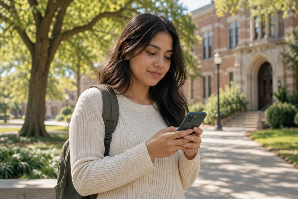 An adult student using her phone in a leafy university courtyard.