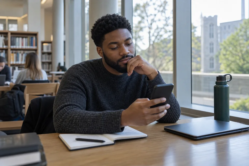 An adult student using a phone with paperwork beside him in a campus study space.