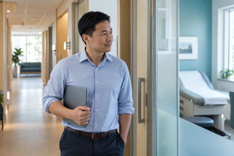 A provider holding a tablet in a bright campus health center.