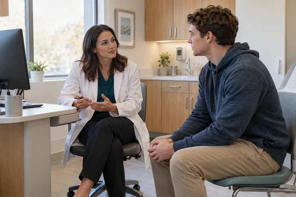 A clinician and an adult student in a university outpatient exam room.
