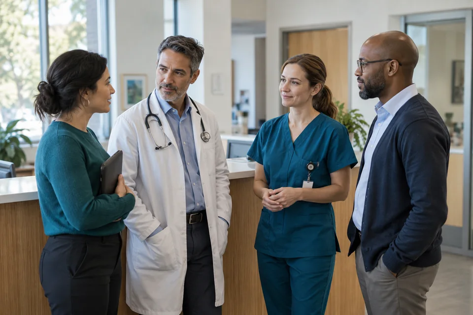 A university health team meeting in a bright clinic workspace.