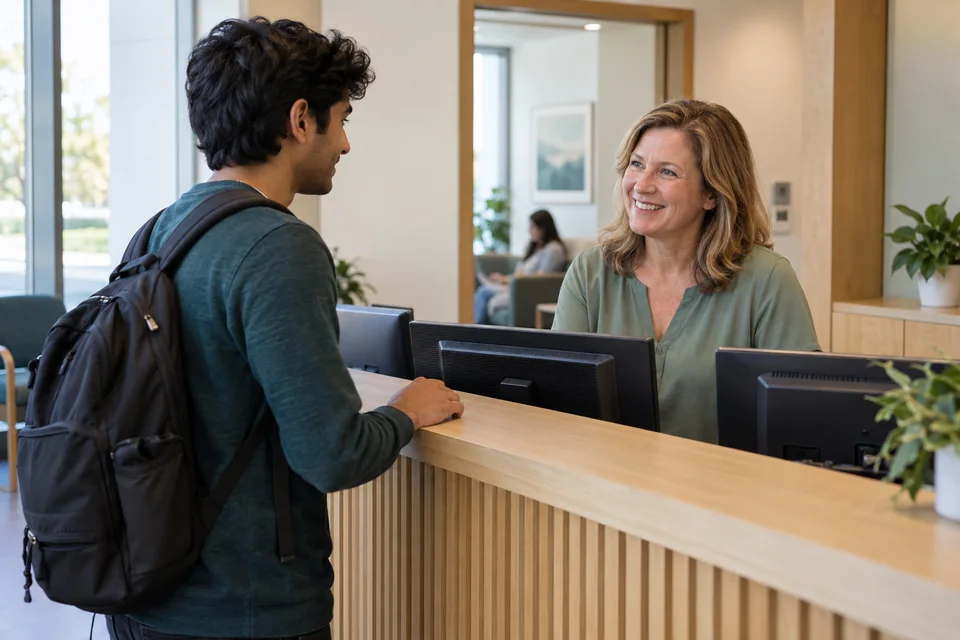An adult student speaking with a receptionist at a campus health center.