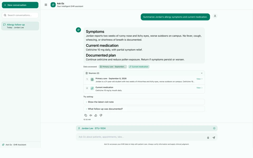 Ask Oz answers a question about the record, with links to the original visit note and medication. Sample data.