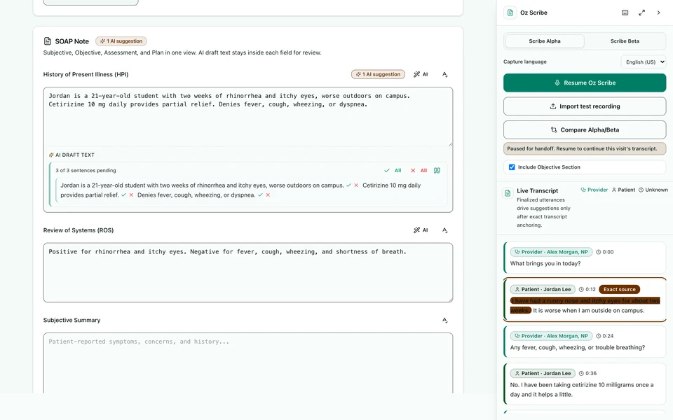 Oz Scribe draft suggestions beside the speaker-labelled visit transcript in the clinical note editor. Sample data.