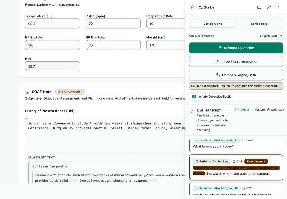 The web EHR on a tablet with the clinical note and a paused Oz Scribe session ready to resume. Sample data.