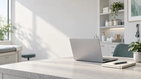 A quiet clinic desk with a laptop, notebook and pen — generated image